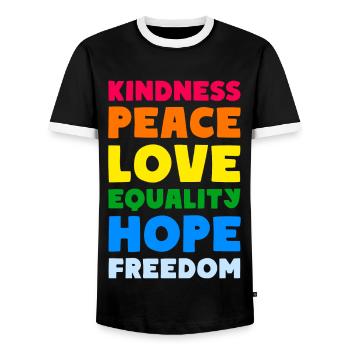 KINDNESS PEACE LOVE EQUALITY HOPE FREEDOM - Männer Kontrast-T-Shirt - Schwarz/Weiß - Vorne - AI Model Female 172 light (172cm) & AI Model Male 178 light (178cm)
