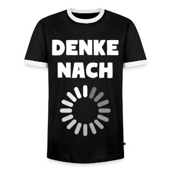 DENKE NACH - Männer Kontrast-T-Shirt - Schwarz/Weiß - Vorne - AI Model Female 172 light (172cm) & AI Model Male 178 light (178cm)