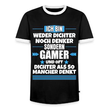 Neither poets nor thinkers, but gamers - Men's Ringer Shirt - black/white - Front - AI Model Female 172 light (172cm) & AI Model Male 178 light (178cm)