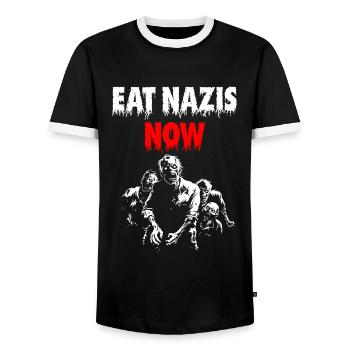 EAT NAZIS NOW - Men's Ringer Shirt - black/white - Front - AI Model Female 172 light (172cm) & AI Model Male 178 light (178cm)