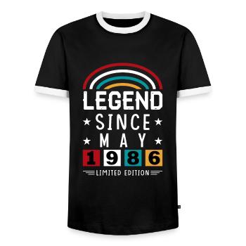 1986 Legend Since Birthday Gift May - Men's Ringer Shirt - black/white - Front - AI Model Female 172 light (172cm) & AI Model Male 178 light (178cm)