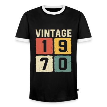 Vintage 1970 Born 1970 - Men's Ringer Shirt - black/white - Front - AI Model Female 172 light (172cm) & AI Model Male 178 light (178cm)