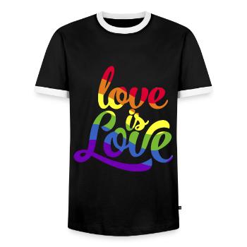 Love is equal. Liebe kennt kein Geschlecht. Spruch - Männer Kontrast-T-Shirt - Schwarz/Weiß - Vorne - AI Model Female 172 light (172cm) & AI Model Male 178 light (178cm)