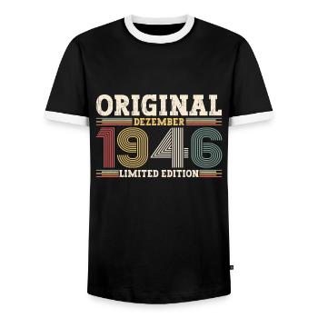 77e anniversaire Original Décembre Né 1946 - T-shirt contrasté Homme - noir/blanc - Devant - AI Model Female 172 light (172cm) & AI Model Male 178 light (178cm)