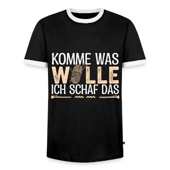 Komme was Wolle ich Schaf das. Schafe, Bauern. - Männer Kontrast-T-Shirt - Schwarz/Weiß - Vorne - AI Model Female 172 light (172cm) & AI Model Male 178 light (178cm)