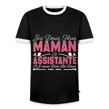 J'ai deux titres maman et Assistante. Cadeau Maman - T-shirt contrasté Homme - noir/blanc - Devant - AI Model Female 172 light (172cm) & AI Model Male 178 light (178cm)