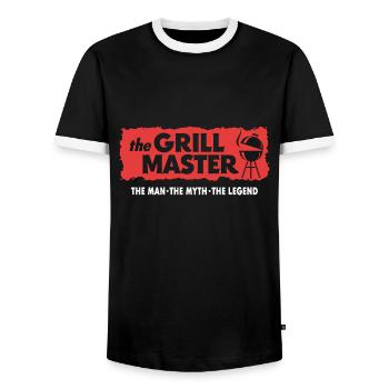 The Grillmaster BBQ Grilling Cult Saying - Men's Ringer Shirt - black/white - Front - AI Model Female 172 light (172cm) & AI Model Male 178 light (178cm)