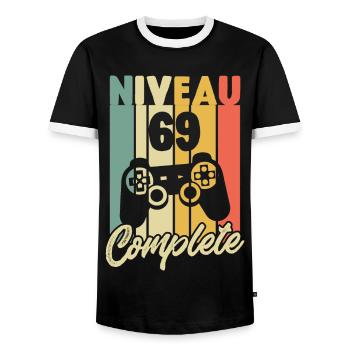 Niveau 69 complete, Cadeau Anniversaire 69 ans - T-shirt contrasté Homme - noir/blanc - Devant - AI Model Female 172 light (172cm) & AI Model Male 178 light (178cm)