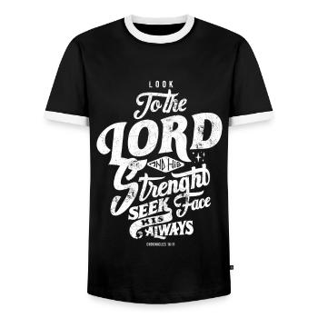 LORD STRONG STRONGER FEEL JESUS GOD BIBLE MOTIVES - Men's Ringer Shirt - black/white - Front - AI Model Female 172 light (172cm) & AI Model Male 178 light (178cm)