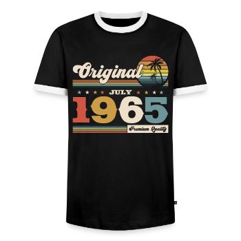 60th Birthday Original July Vintage 1965 - Men's Ringer Shirt - black/white - Front - AI Model Female 172 light (172cm) & AI Model Male 178 light (178cm)