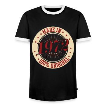 Made in 1972 100 The Original Birthday Saying - Men's Ringer Shirt - black/white - Front - AI Model Female 172 light (172cm) & AI Model Male 178 light (178cm)