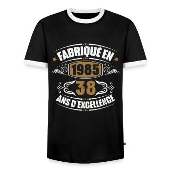 Cadeau d'anniversaire 38 ans, Fabriqué en 1985 - T-shirt contrasté Homme - noir/blanc - Devant - AI Model Female 172 light (172cm) & AI Model Male 178 light (178cm)