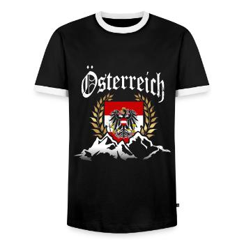 Österreich Berge Fahne Flagge mit Wappen Adler - Männer Kontrast-T-Shirt - Schwarz/Weiß - Vorne - AI Model Female 172 light (172cm) & AI Model Male 178 light (178cm)