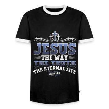 Jesus Christ Bible Verse Way Truth Life Christian - Men's Ringer Shirt - black/white - Front - AI Model Female 172 light (172cm) & AI Model Male 178 light (178cm)