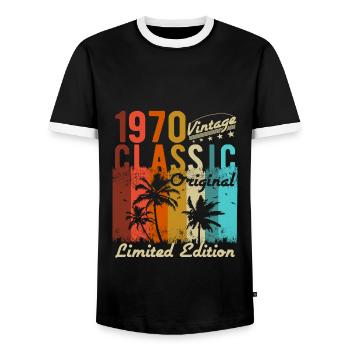 1970 vintage classic - Men's Ringer Shirt - black/white - Front - AI Model Female 172 light (172cm) & AI Model Male 178 light (178cm)