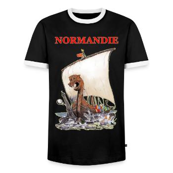 NORMANDIE Kreation Louis RUNEMBERG © Adagp - Männer Kontrast-T-Shirt - Schwarz/Weiß - Vorne - AI Model Female 172 light (172cm) & AI Model Male 178 light (178cm)