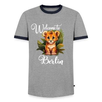 "Welcome to Berlin" lion - city life with a - Men's Ringer Shirt - grey/navy  - Front - AI Model Female 172 light (172cm) & AI Model Male 178 light (178cm)