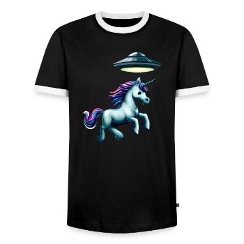 Un OVNI kidnappe une licorne - T-shirt contrasté Homme - noir/blanc - Devant - AI Model Female 172 light (172cm) & AI Model Male 178 light (178cm)