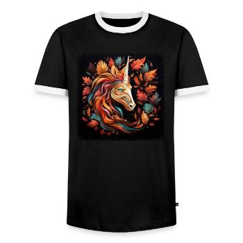 Autumnal Horse: Abstract Art in a Wreath of Leaves - Men's Ringer Shirt - black/white - Front - AI Model Female 172 light (172cm) & AI Model Male 178 light (178cm)