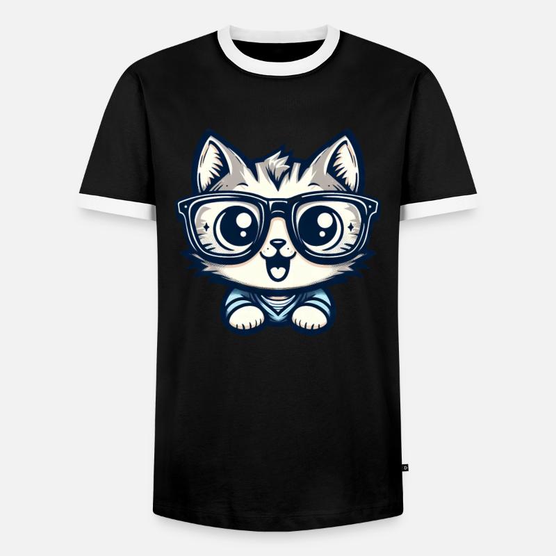 Niedliche Comic-Katze mit Nerd-Brille - Männer Kontrast-T-Shirt - Schwarz/Weiß