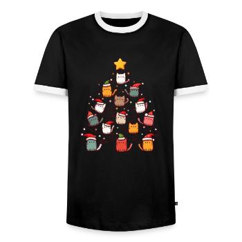 Katzen-Weihnachtsbaum: Festliche Tierliebe - Männer Kontrast-T-Shirt - Schwarz/Weiß - Vorne - AI Model Female 172 light (172cm) & AI Model Male 178 light (178cm)