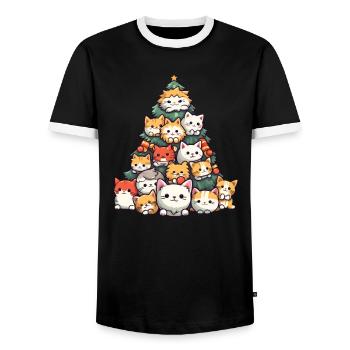 Cat Magic: Furry Noses on the Christmas Tree - Men's Ringer Shirt - black/white - Front - AI Model Female 172 light (172cm) & AI Model Male 178 light (178cm)