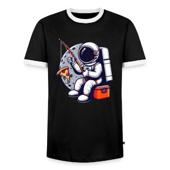 An astronaut fishes pizza in space - Men's Ringer Shirt - black/white - Front - AI Model Female 172 light (172cm) & AI Model Male 178 light (178cm)