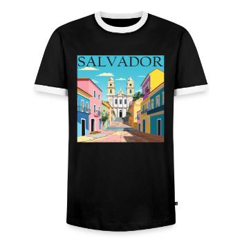 Salvador, Brazil, Colonial Architecture, AfroCulture - Men's Ringer Shirt - black/white - Front - AI Model Female 172 light (172cm) & AI Model Male 178 light (178cm)