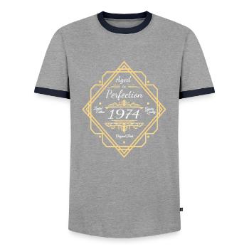1974 Vintage Perfectly Aged - Men's Ringer Shirt - grey/navy  - Front - AI Model Female 172 light (172cm) & AI Model Male 178 light (178cm)