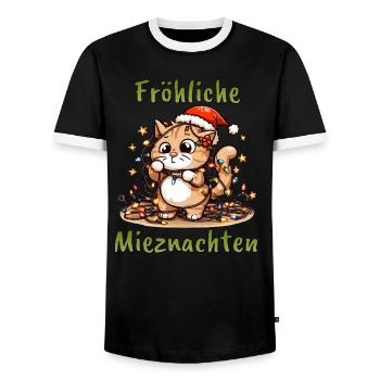 Kätzchen verstrickt in Weihnachtslichtern: Frohlic - Männer Kontrast-T-Shirt - Schwarz/Weiß - Vorne - AI Model Female 172 light (172cm) & AI Model Male 178 light (178cm)