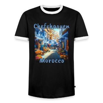 Chefchaouen, Maroc - Les ruelles colorées de la vieille ville - T-shirt contrasté Homme - noir/blanc - Devant - AI Model Female 172 light (172cm) & AI Model Male 178 light (178cm)