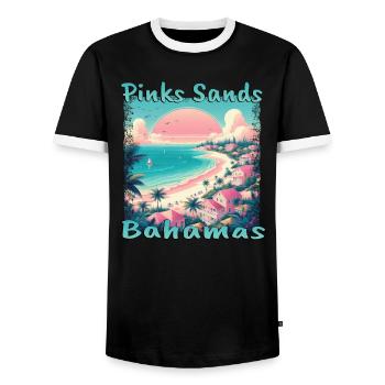 Pink Sands Beach, Bahamas - Grunge Vacation in the Bahamas - Men's Ringer Shirt - black/white - Front - AI Model Female 172 light (172cm) & AI Model Male 178 light (178cm)
