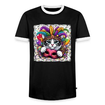 Mardi Gras Cat Mask Feather Headdress - Men's Ringer Shirt - black/white - Front - AI Model Female 172 light (172cm) & AI Model Male 178 light (178cm)
