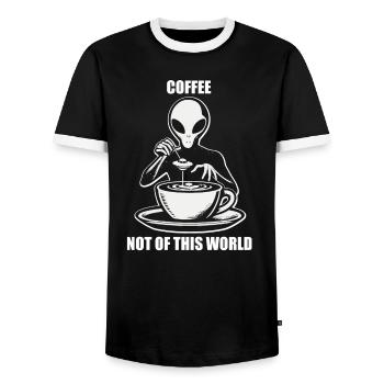 Alien Coffee Extraterrestrial Coffee Enjoyment - Men's Ringer Shirt - black/white - Front - AI Model Female 172 light (172cm) & AI Model Male 178 light (178cm)