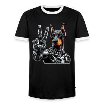 Doberman Robot Cyborg Peace Sign - Men's Ringer Shirt - black/white - Front - AI Model Female 172 light (172cm) & AI Model Male 178 light (178cm)