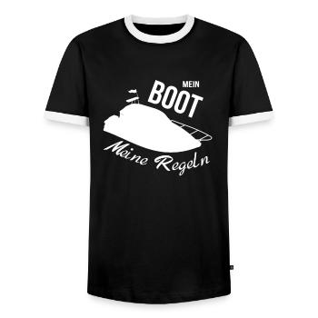My Boat My Rules Motorboat - Men's Ringer Shirt - black/white - Front - AI Model Female 172 light (172cm) & AI Model Male 178 light (178cm)