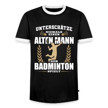 Badminton Unterschätze niemals einen alten Mann - Männer Kontrast-T-Shirt - Schwarz/Weiß - Vorne - AI Model Female 172 light (172cm) & AI Model Male 178 light (178cm)