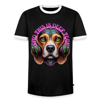 OMD THIS IS DEEP TECH -Cute Beagle with Headphones - Men's Ringer Shirt - black/white - Front - AI Model Female 172 light (172cm) & AI Model Male 178 light (178cm)