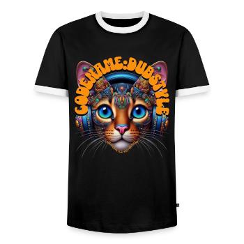 CODENAME:DUBSTYLE - Abyssinian Cat with Headphones - Men's Ringer Shirt - black/white - Front - AI Model Female 172 light (172cm) & AI Model Male 178 light (178cm)