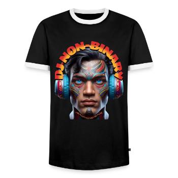 DJ NON-BINARY - Cool Human with Headphones! - Men's Ringer Shirt - black/white - Front - AI Model Female 172 light (172cm) & AI Model Male 178 light (178cm)