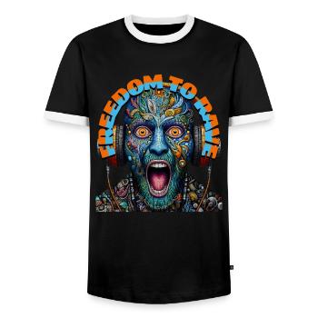 FREEDOM TO RAVE - Crazy Dude with Headphones! - Men's Ringer Shirt - black/white - Front - AI Model Female 172 light (172cm) & AI Model Male 178 light (178cm)
