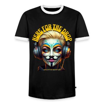 HERE FOR THE DROP – Cool he/she with Headphones! - Men's Ringer Shirt - black/white - Front - AI Model Female 172 light (172cm) & AI Model Male 178 light (178cm)
