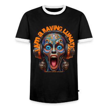 I AM A RAVING LUNATIC - Cool Creature & Headphones - Men's Ringer Shirt - black/white - Front - AI Model Female 172 light (172cm) & AI Model Male 178 light (178cm)