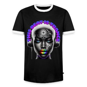 THIS BEAT IS TRANCE - Cool Woman with Headphones! - Men's Ringer Shirt - black/white - Front - AI Model Female 172 light (172cm) & AI Model Male 178 light (178cm)