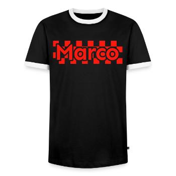 Damier Texte Prénom Homme Nom Marco - T-shirt contrasté Homme - noir/blanc - Devant - AI Model Female 172 light (172cm) & AI Model Male 178 light (178cm)