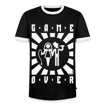 Game Over (Whip / Beer / Stag Party / Rays / W) - Men's Ringer Shirt - black/white - Front - AI Model Female 172 light (172cm) & AI Model Male 178 light (178cm)