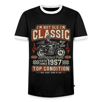 Klassiker 1957 Jahrgang Vintage Retro Motorrad - Männer Kontrast-T-Shirt - Schwarz/Weiß - Vorne - AI Model Female 172 light (172cm) & AI Model Male 178 light (178cm)