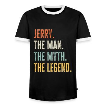 Jerry The Best, Man Myth Legend, Funny Best Name - Men's Ringer Shirt - black/white - Front - AI Model Female 172 light (172cm) & AI Model Male 178 light (178cm)