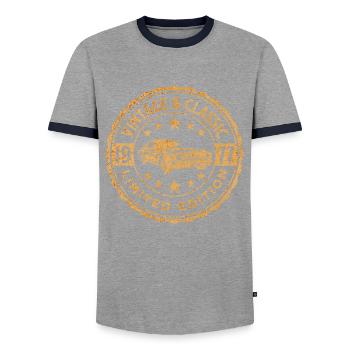 Oldtimer 1977 45 Jahre Jubiläum - Männer Kontrast-T-Shirt - Grau/Navy  - Vorne - AI Model Female 172 light (172cm) & AI Model Male 178 light (178cm)