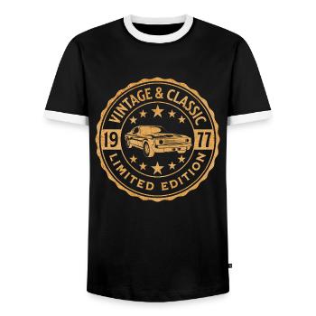 Vintage Car 1977 45 Years Anniversary - Men's Ringer Shirt - black/white - Front - AI Model Female 172 light (172cm) & AI Model Male 178 light (178cm)